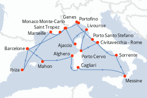 carte itinéraire croisière Sicile 21 jours au départ du port de Barcelone