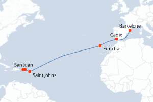 carte itinéraire croisière Transatlantique 13 jours au départ du port de Barcelone