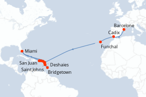 carte itinéraire croisière Transatlantique 24 jours au départ du port de Barcelone
