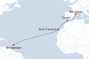 carte itinéraire croisière Transatlantique 11 jours au départ du port de Barcelone