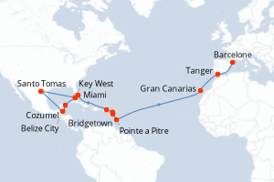 carte itinéraire croisière Transatlantique 24 jours au départ du port de Barcelone