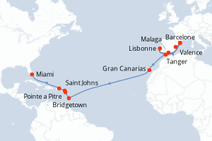 carte itinéraire croisière Transatlantique 26 jours au départ du port de Barcelone
