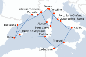 Carte de l'itinéraire de croisière Barcelone-Civitavecchia - Rome d'une durée de 21 jours