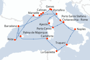 carte itinéraire croisière Sicile 21 jours au départ du port de Barcelone