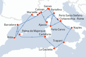 Carte de l'itinéraire de croisière Barcelone-Civitavecchia - Rome d'une durée de 21 jours