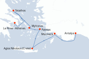 Carte de l'itinéraire de croisière Le Piree - Athenes-Antalya d'une durée de 6 jours