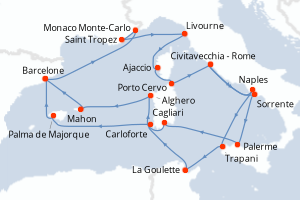 carte itinéraire croisière Sicile 21 jours au départ du port de Civitavecchia - Rome