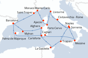 carte itinéraire croisière Sicile 21 jours au départ du port de Civitavecchia - Rome