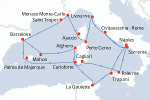 carte itinéraire croisière Sicile 21 jours au départ du port de Civitavecchia - Rome