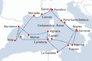 carte itinéraire croisière Sicile 21 jours au départ du port de Civitavecchia - Rome