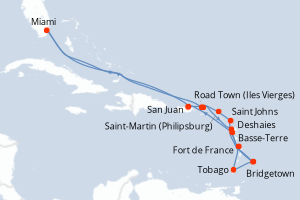 Carte de l'itinéraire de croisière Bridgetown-San Juan d'une durée de 16 jours