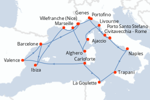 carte itinéraire croisière Sicile 21 jours au départ du port de Barcelone