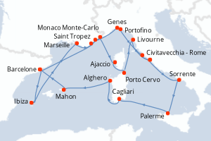 Carte de l'itinéraire de croisière Barcelone-Civitavecchia - Rome d'une durée de 21 jours