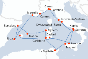 carte itinéraire croisière Sicile 21 jours au départ du port de Civitavecchia - Rome