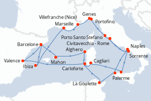 carte itinéraire croisière Sicile 21 jours au départ du port de Civitavecchia - Rome