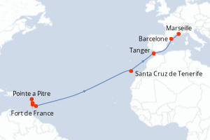 carte itinéraire croisière Transatlantique 15 jours au départ du port de Fort de France
