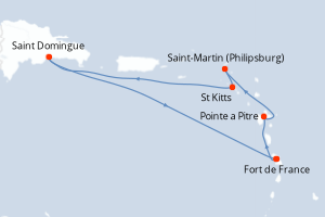 Carte de l'itinéraire de croisière Fort de France-Fort de France d'une durée de 6 jours