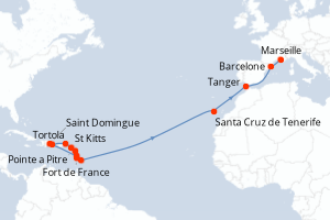 Carte de l'itinéraire de croisière Fort de France-Marseille d'une durée de 22 jours