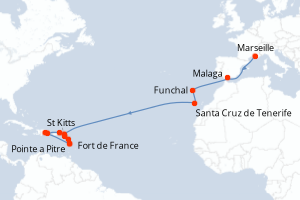 carte itinéraire croisière Transatlantique 20 jours au départ du port de Marseille