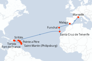 Carte de l'itinéraire de croisière Marseille-Pointe a Pitre d'une durée de 21 jours