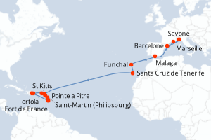 carte itinéraire croisière Transatlantique 23 jours au départ du port de Barcelone