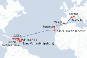 carte itinéraire croisière Transatlantique 22 jours au départ du port de Savone