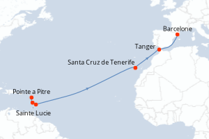 carte itinéraire croisière Transatlantique 13 jours au départ du port de Pointe a Pitre