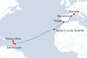 Carte de l'itinéraire de croisière Pointe a Pitre-Marseille d'une durée de 14 jours