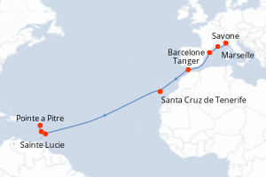 carte itinéraire croisière Transatlantique 15 jours au départ du port de Pointe a Pitre