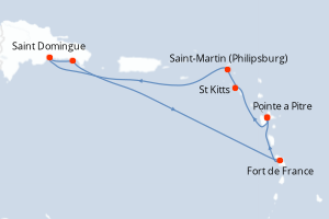 Carte de l'itinéraire de croisière Pointe a Pitre-Pointe a Pitre d'une durée de 7 jours