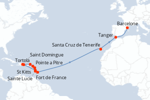 carte itinéraire croisière Transatlantique 20 jours au départ du port de Pointe a Pitre