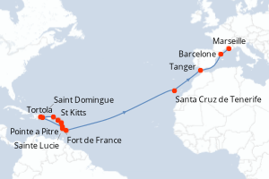 carte itinéraire croisière Transatlantique 21 jours au départ du port de Pointe a Pitre