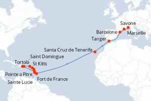 carte itinéraire croisière Transatlantique 22 jours au départ du port de Pointe a Pitre