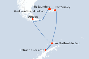 Carte de l'itinéraire de croisière Ushuaia-Ushuaia d'une durée de 15 jours