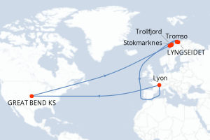 Carte de l'itinéraire de croisière Tromso-Tromso d'une durée de 7 jours