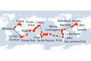 Carte de l'itinéraire de croisière Trieste-Trieste d'une durée de 141 jours