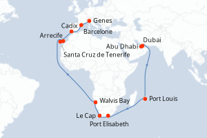 Carte de l'itinéraire de croisière Abu Dhabi-Genes d'une durée de 35 jours