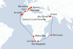 Carte de l'itinéraire de croisière Abu Dhabi-Marseille d'une durée de 36 jours