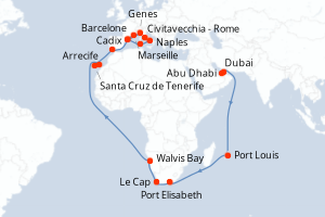 Carte de l'itinéraire de croisière Abu Dhabi-Civitavecchia - Rome d'une durée de 41 jours