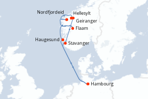 Carte itinéraire croisière Allemagne, Norvège - 8 jours au départ de Hambourg - Europe du Nord