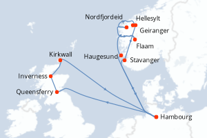 carte itinéraire croisière Fjörds norvégiens 15 jours au départ du port de Hambourg