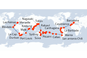 carte itinéraire croisière Tour du Monde 130 jours au départ du port de Marseille