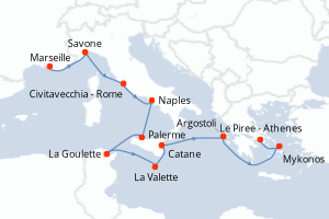 carte itinéraire croisière Sicile 11 jours au départ du port de Marseille