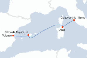 Carte de l'itinéraire de croisière Valence-Civitavecchia - Rome d'une durée de 4 jours