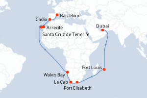 carte itinéraire croisière Méditerranée 33 jours au départ du port de Dubai