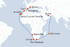 carte itinéraire croisière Moyen-Orient Dubaï 34 jours au départ du port de Dubai