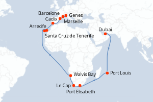 carte itinéraire croisière Moyen-Orient Dubaï 35 jours au départ du port de Dubai