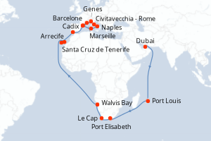 carte itinéraire croisière Sardaigne 40 jours au départ du port de Dubai