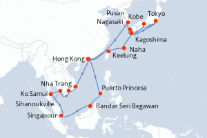 Carte itinéraire croisière Chine, Taïwan, Japon, Corée du Sud, Vietnam, Singapour, Philippines - 29 jours au départ de Hong Kong - Asie