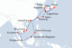 carte itinéraire croisière Asie 28 jours au départ du port de Tokyo
